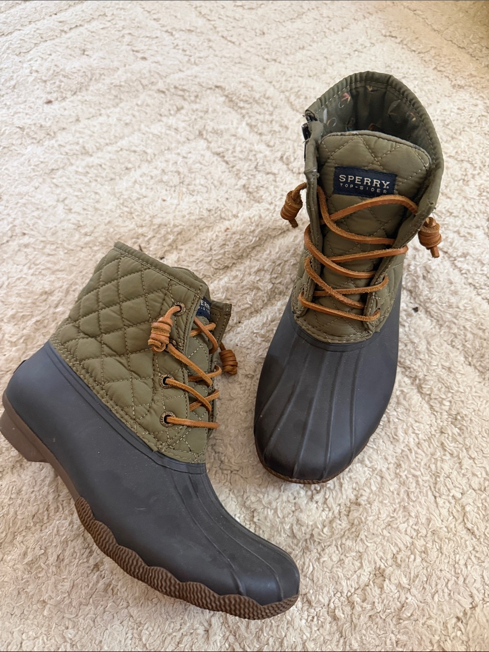 Sperry Olive and Brown Quilted Duck Boots